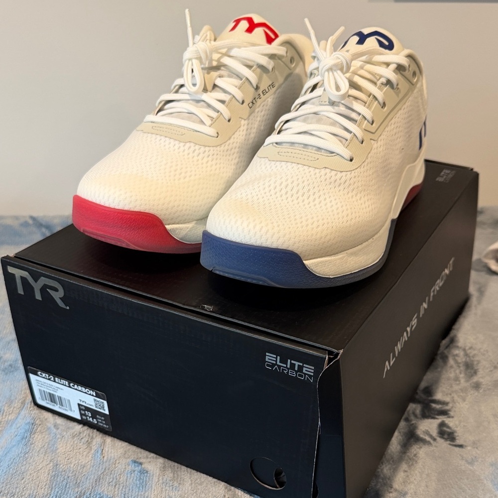 TYR CXT-2 Elite Carbon Shoes - White with Red and Blue - Men’s Size 13